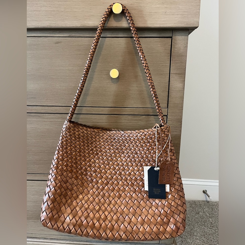 NWT Hand Woven Genuine Leather Intrecciato Santa Rosa Maria Cognac Tote Bag